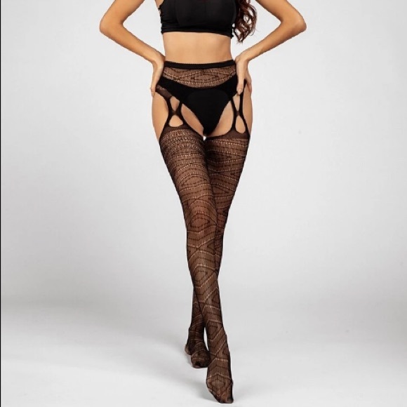 Stay-Up Black Fishnet Cutout Tights & Garter - Picture 2 of 8